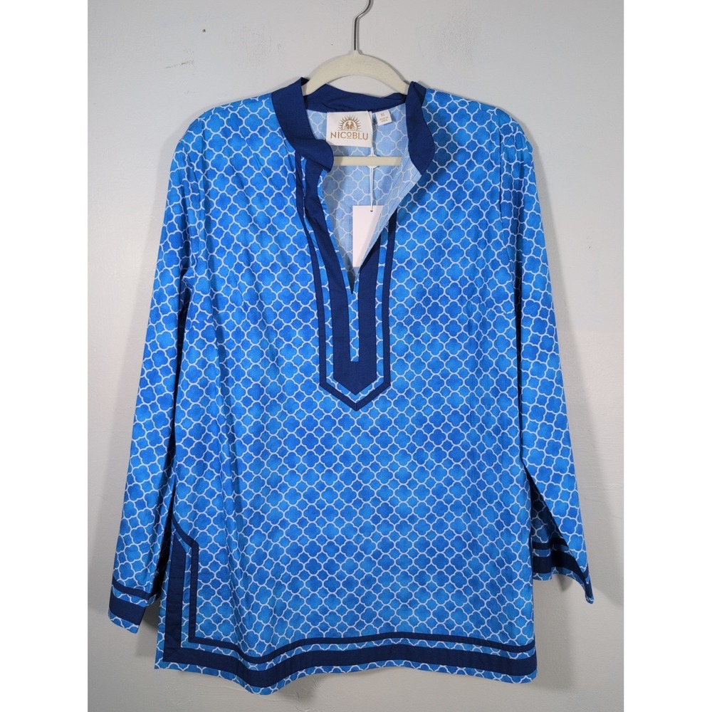 NICoBLU Tunic Top Size XL  100% Cotton Blue White Coastal Resort Beach New